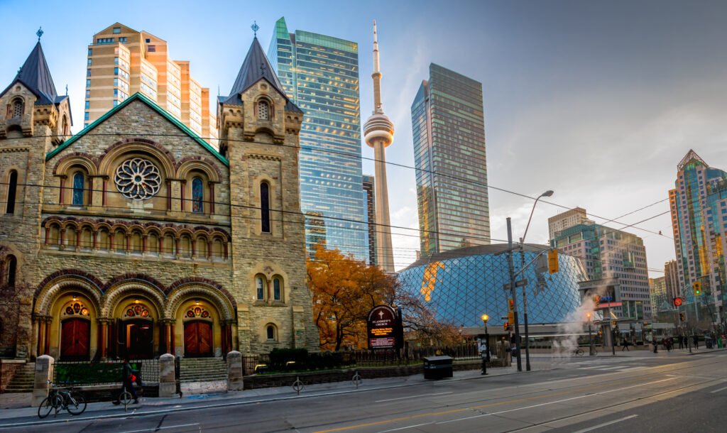 Panoramic view of St Andrew's Presbyterian Church and CN Tower -